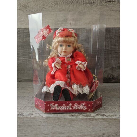 Vtg Dandee Musical Wind Up Porcelain Doll Blonde Red Dress Lace Red Kmart - Picture 1 of 9